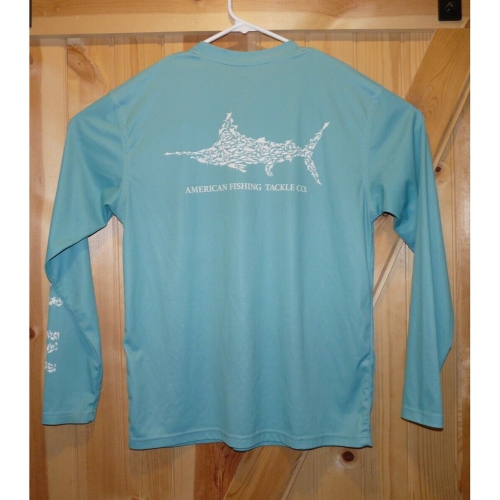 AFTCO Fishing Shirt Mens Small Aqua Green Long Sleeve Performance Marlin Graphic